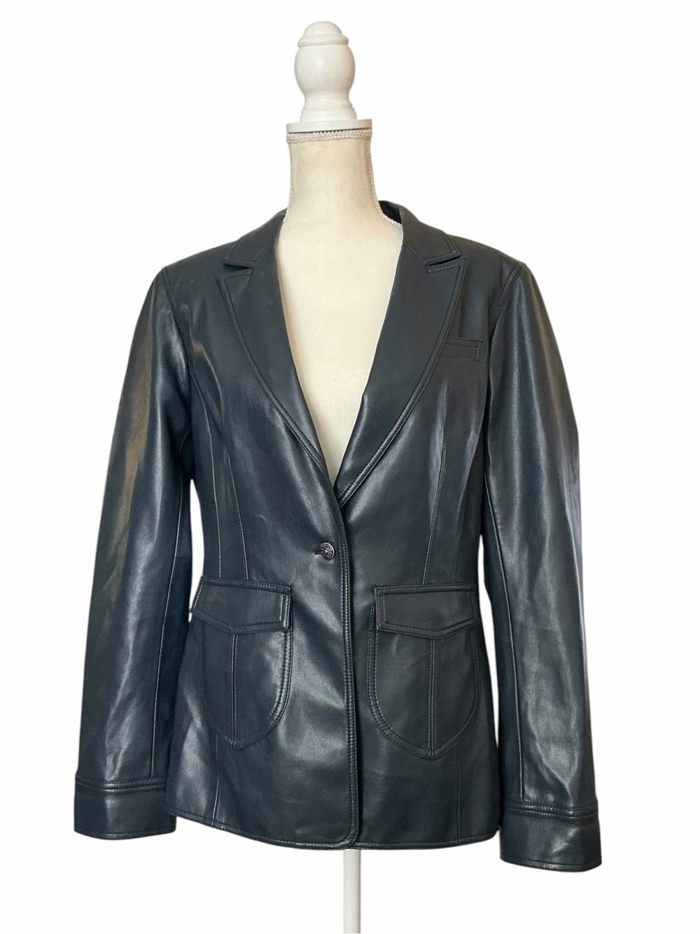 Cinq à Sept Louisa Faux Leather Blazer Jacket Size 10 Slate Blue Vegan Leather